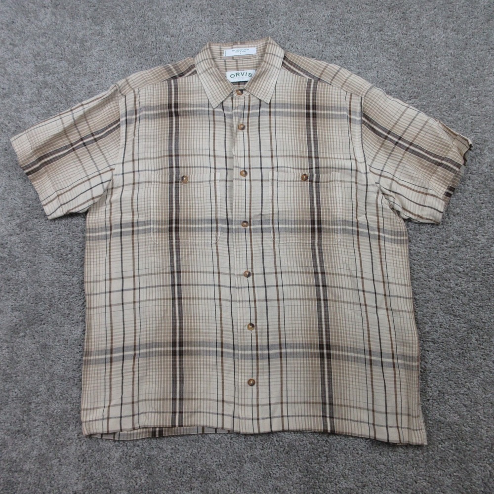 Orvis Shirt Mens Large Tan Plaid Madras Linen Rayon Two Pocket Beach Button Up